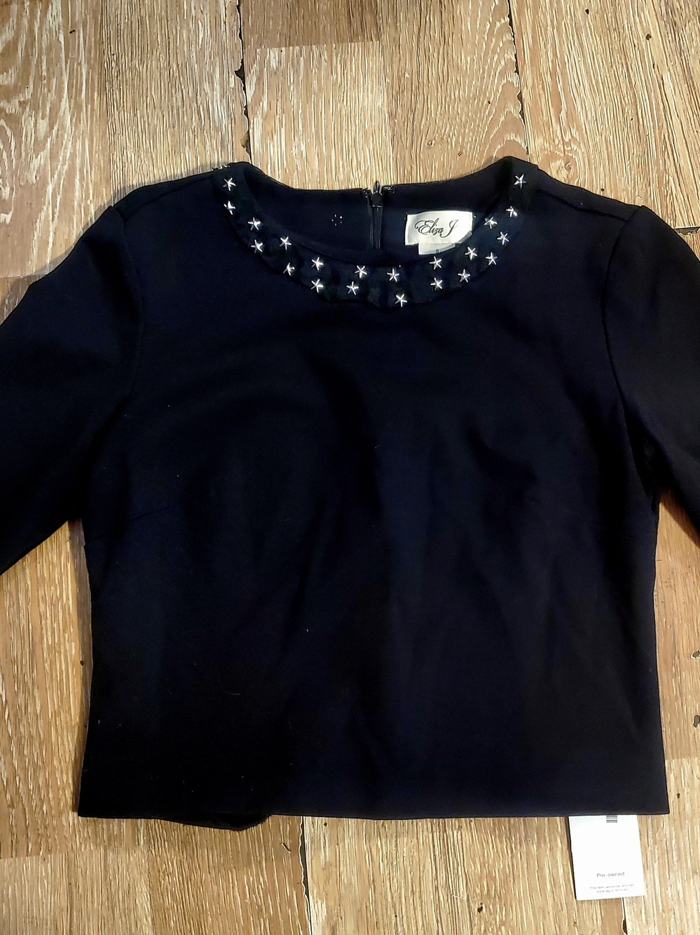 Upcycled Elisa J Black Embellished Star Collar Crop Dress Top W. Invisible Zipp